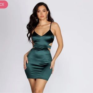 Windsor Hunter Green Satin Mini Dress with Cutouts